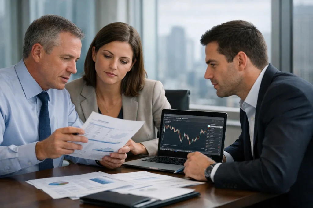 Broker consulting trading charts meeting in a modern office.