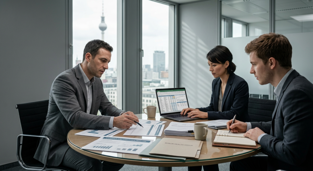 Professional healthcare investment scene with wooden table setup.